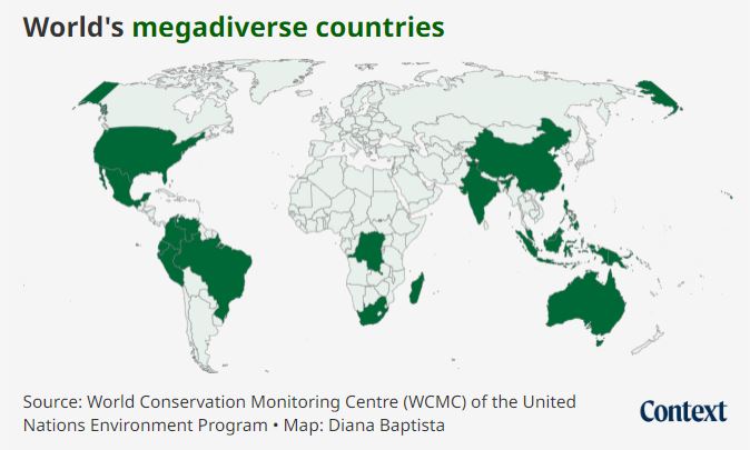 COP16 et biodiversité : 17 pays identifiés « mégadivers » (les plus riches en biodiversité).